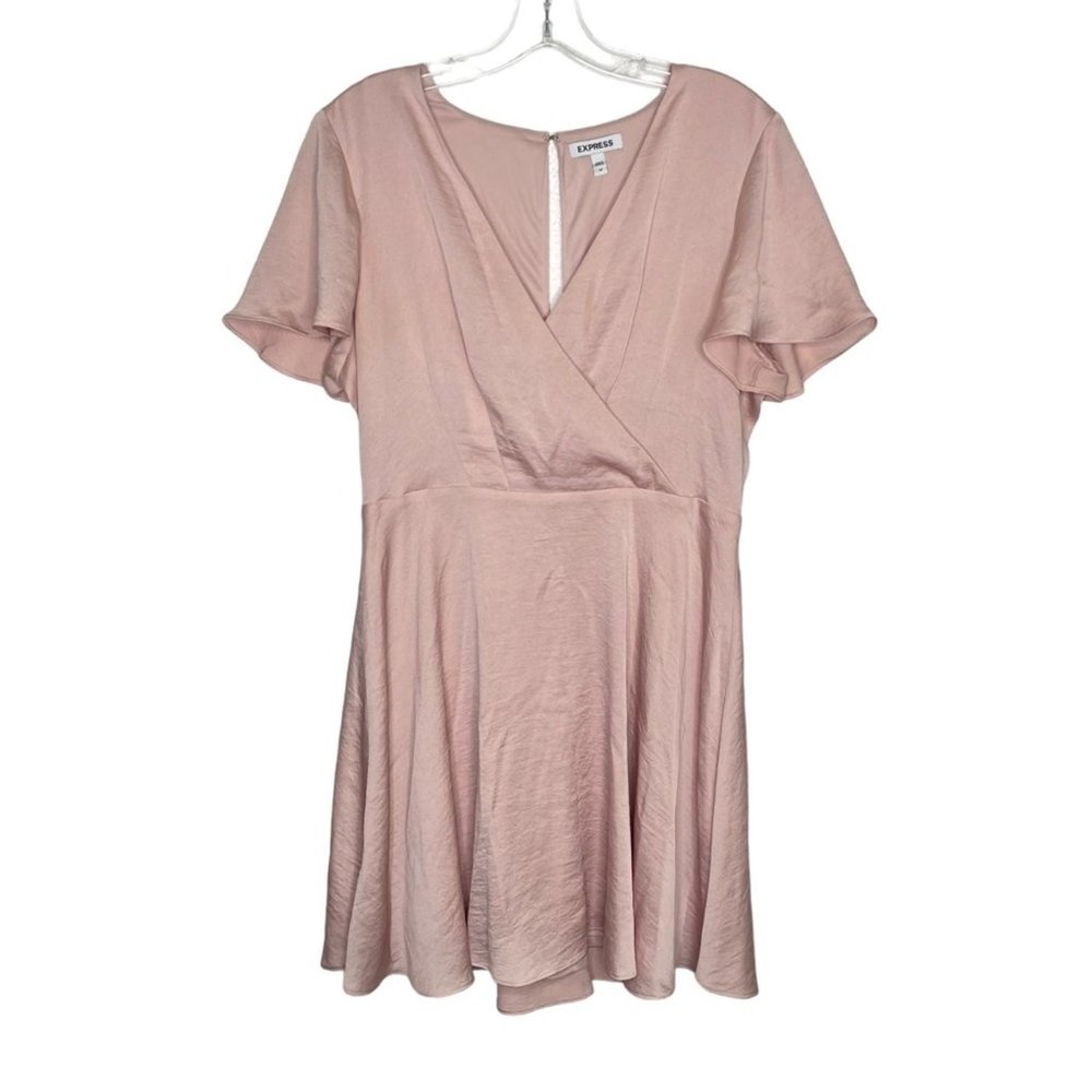 Express Women Blush Pink Satin Short Sleeve Faux Wrap Mini Dress Size 12
